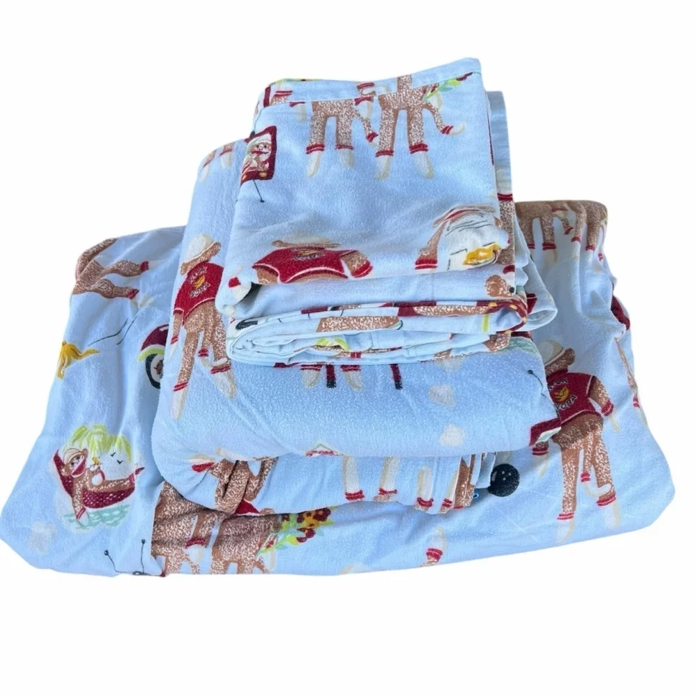 VTG Nick & Nora Sock Monkey 4-Piece Full Size Flannel Sheet Set 100% Cotton READ